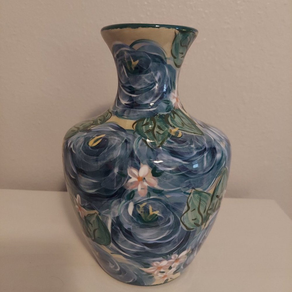 Vase, Lesal Ceramics Hand Painted By Lisa Lindberg Van Nortwick (Blue Floral)
